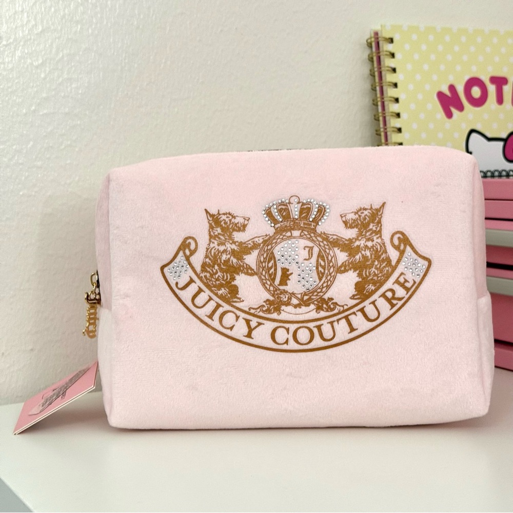 Juicy Couture Light Pink Plush Cosmetic Pouch with Gold Crest